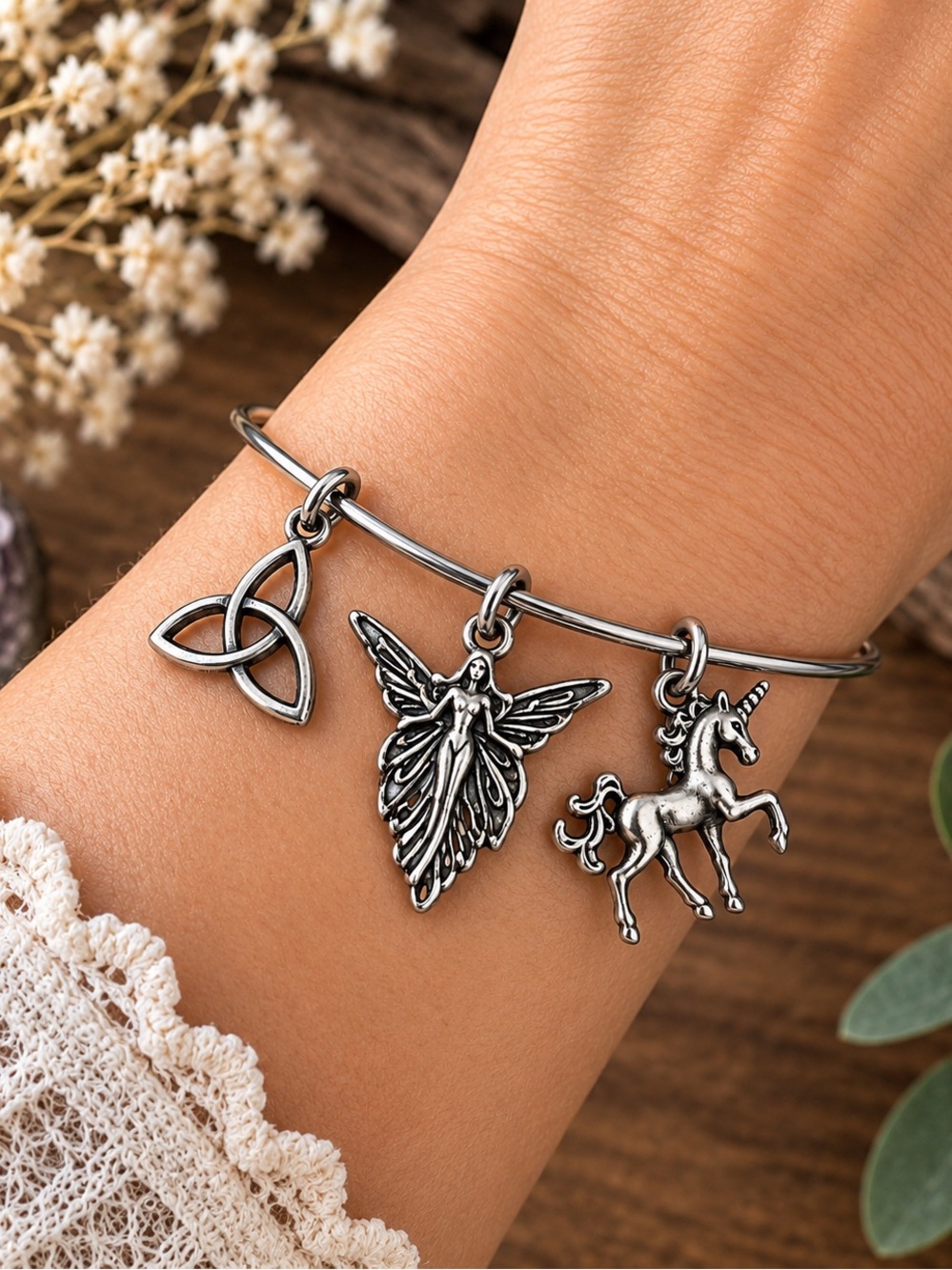 Sterling Silver Fairy, Unicorn & Celtic Charm Bangle Bracelet - Silver